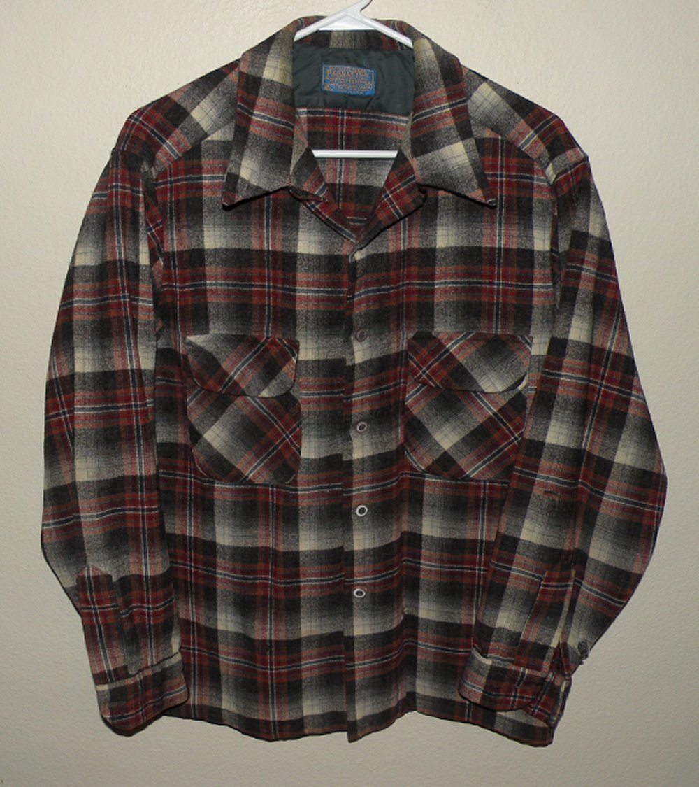 Vtg 70s Pendleton Wool Board Shirt Loop Collar Men’s XL Red Gray Plaid USA Holes